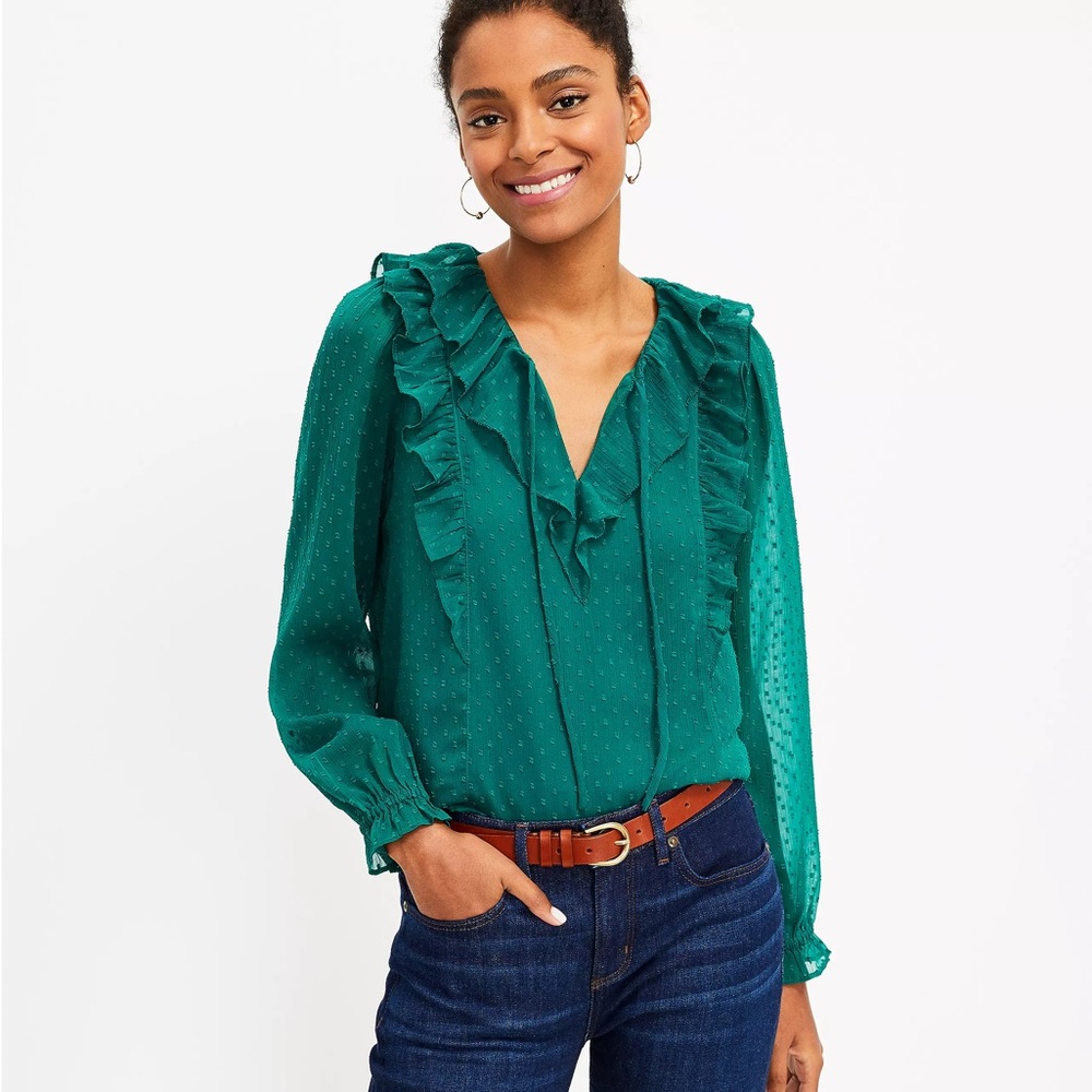 LOFT Green Ruffle Blouse - Picture 2 of 14
